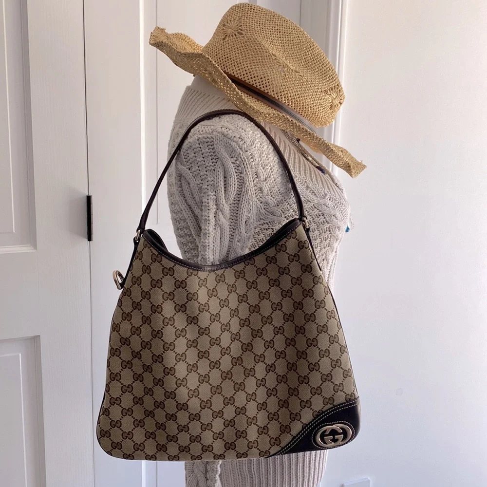 🤎 GUCCI New Britt brown canvas medium shoulder hobo bag | vintage - Picture 2 of 14